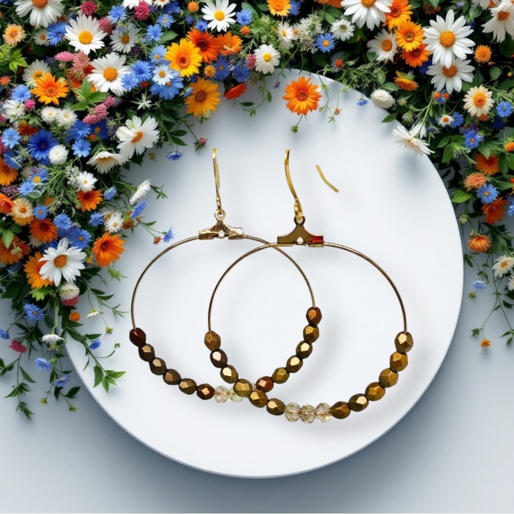 BOUTIQUE Elegant Gold Beaded Hoop Earrings, Pave Beads, Stone, Dainty Dangles